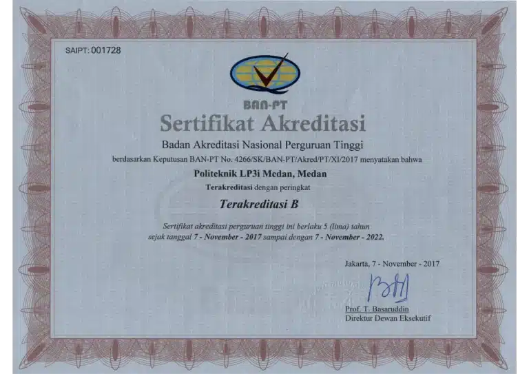 Sertifikat Akreditasi Politeknik LP3I Medan